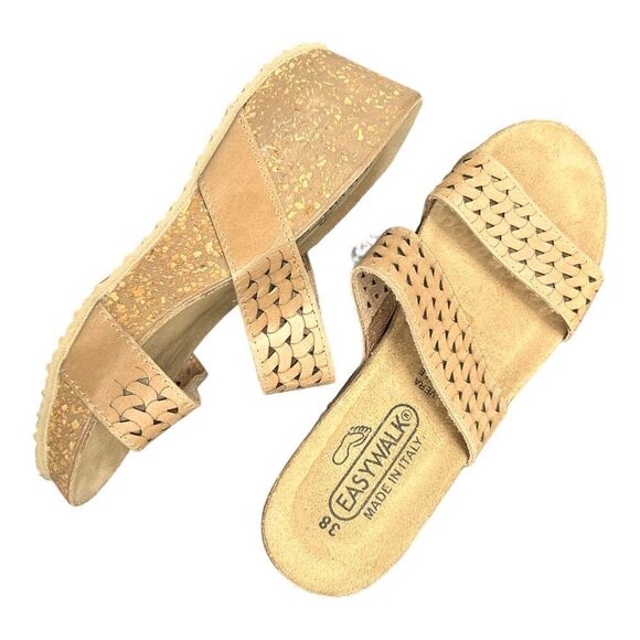 Easy Walk Italian Leather Platform Sandal Slip On Slides Two Strap Womens 7 - Picture 8 of 9